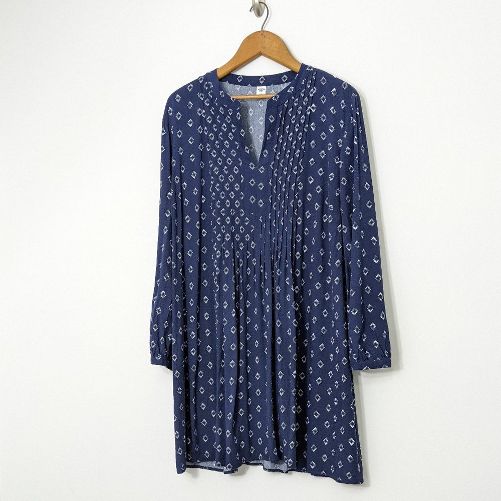 Pintuck Long Sleeve Tunic Dress, Navy Blue Diamond